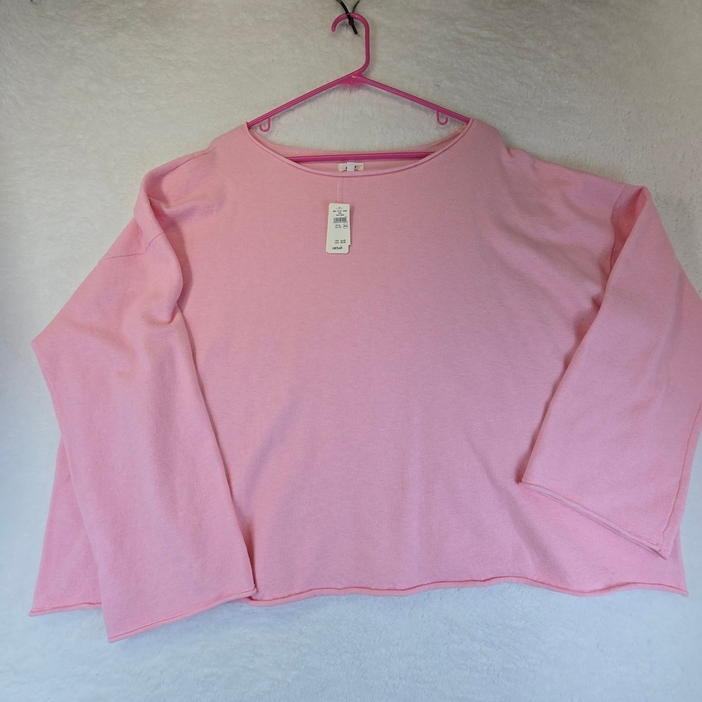 Aerie Boatneck Roll Neck Raw Hem Sweatshirt Women XL Pink Oversized Cropped New